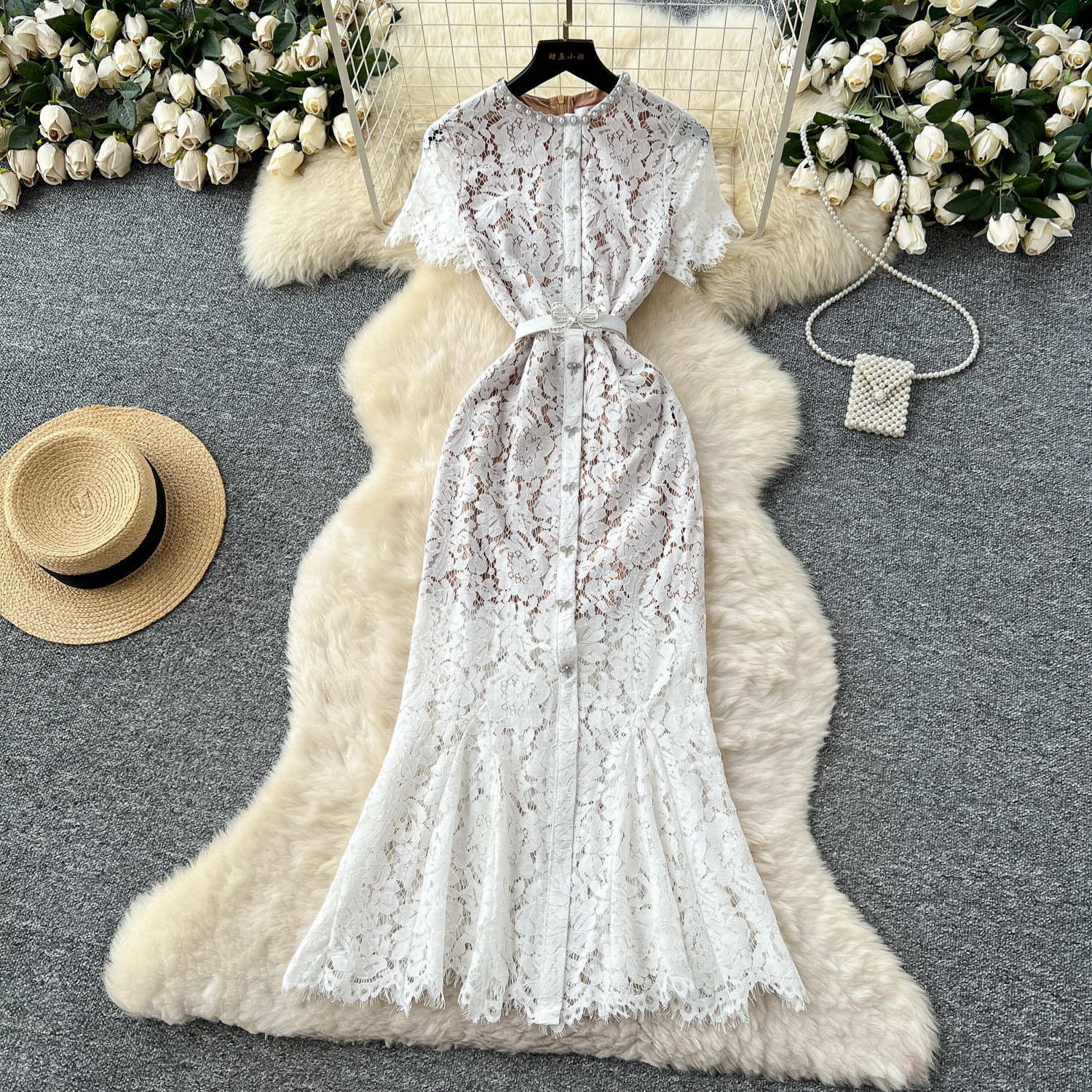 Luxury Lace Dress Rhinestone Embellished Short Sleeve Fishtail Design Elegant Evening Gown for Special Occasions