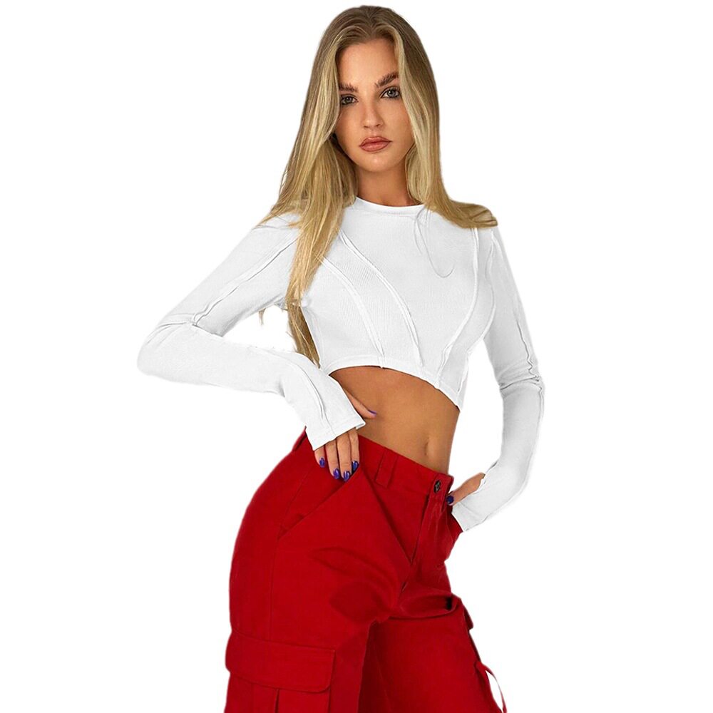 Irregular Hem Long Sleeve T Shirt Sexy Short Crop Top Womens Fashion for Autumn and Winter Wholesale Available