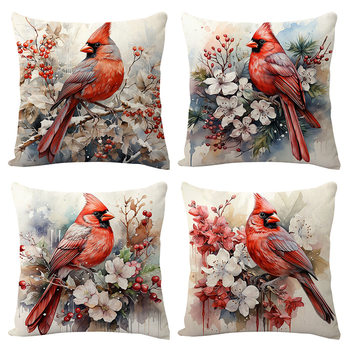 Temu Cross-Border New Christmas Flower Red Bird Linen Pillow Case Printable Logo Car Sofa Cushion