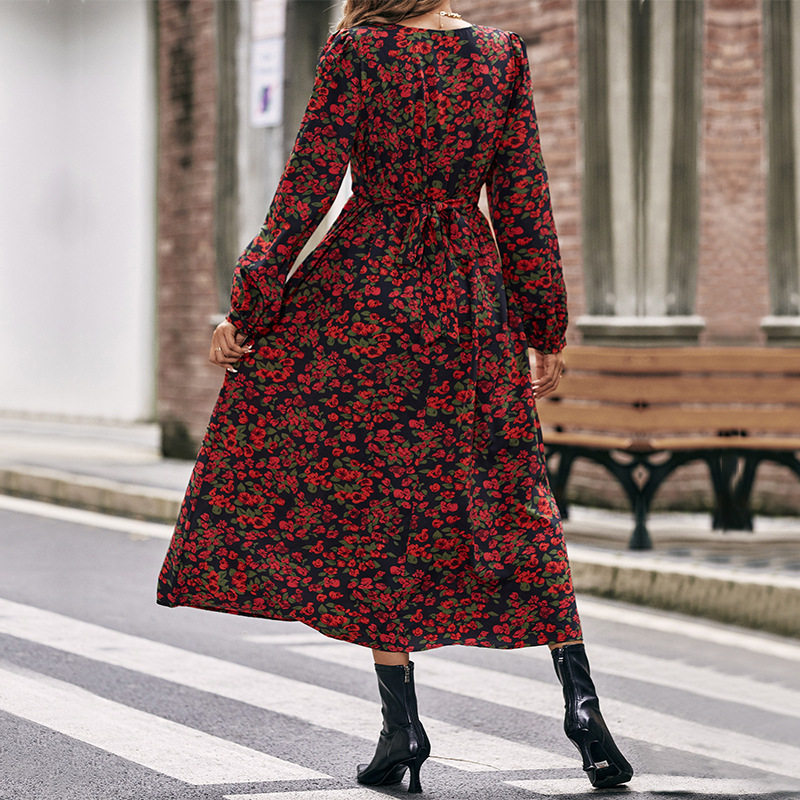 Red Floral Long Sleeve Maxi Dress Elegant Design Autumn Spring Fashion Perfect for Casual or Formal Occasions