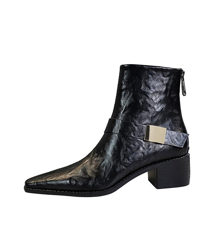 Boot nữ cổ thấp gót vừa mũi nhọn khóa kim loại phong cách Âu Mỹ — Lớp lót nhung đen, Lớp lót nhung màu nâu sẫm, Màu đen, Màu nâu đậm