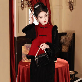 Black Cheongsam suit Autumn and Winter fleece-lined Thick New Year's Day Gown Women's Adult New Year's Day Hanfu Tang Suit National Style Vest Jacket