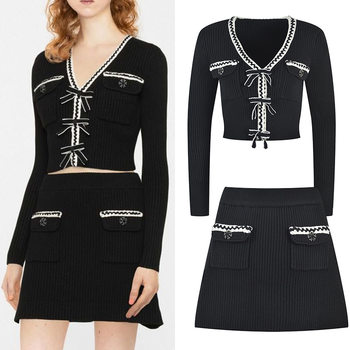 2025 Autumn/Winter New V-Neck Color-Block Bow Knit Cardigan Sweet Slimming Skirt Set Two-Piece