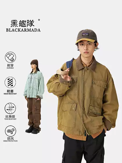 Black Fleet Heavy-Duty American Retro Workwear Multi-Pocket Jacket Trendy Couple Style Loose Jacket Japanese Retro