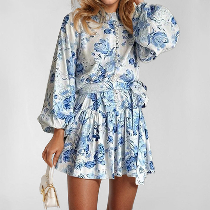 Spring Womens Dress Fashionable Floral Print Stand Collar Lantern Sleeves Casual or Party Wear Wholesale Available