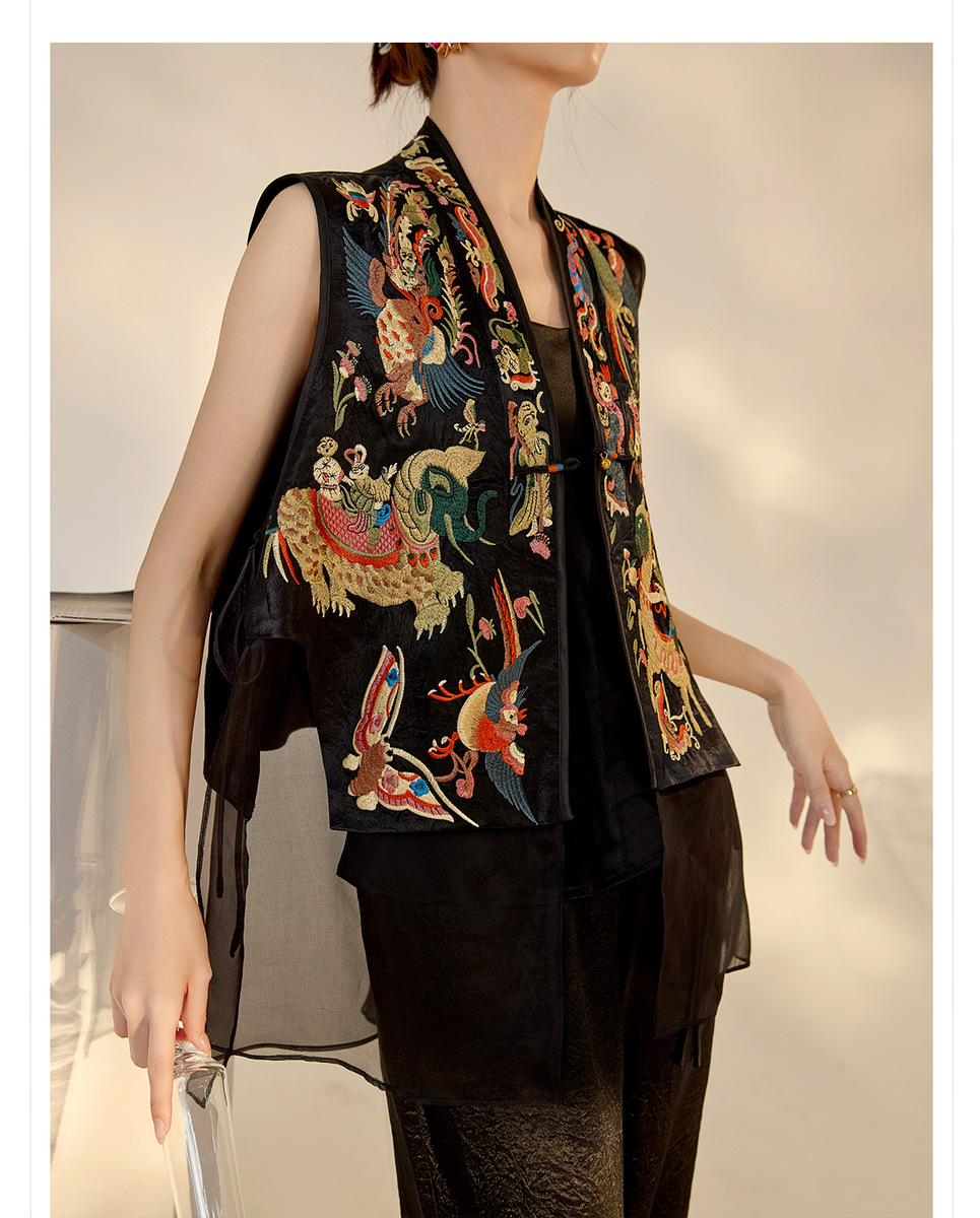 Áo vest nữ dáng gile thêu hoa cổ chữ V phối lưới — Xuân Mộ Đen (cấp ngày hôm nay), Xuân Mộ Đen (giao hàng trong 7 ngày)