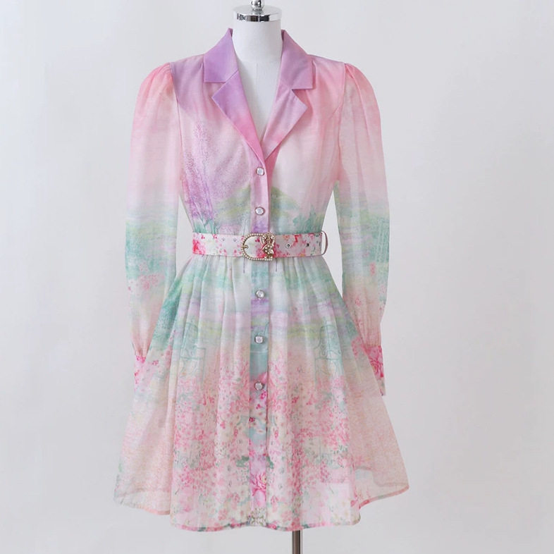 French Romantic Gradient Print Dress Long Sleeve Button Closure Waist Tie Elegant Style Summer Wear Wholesale