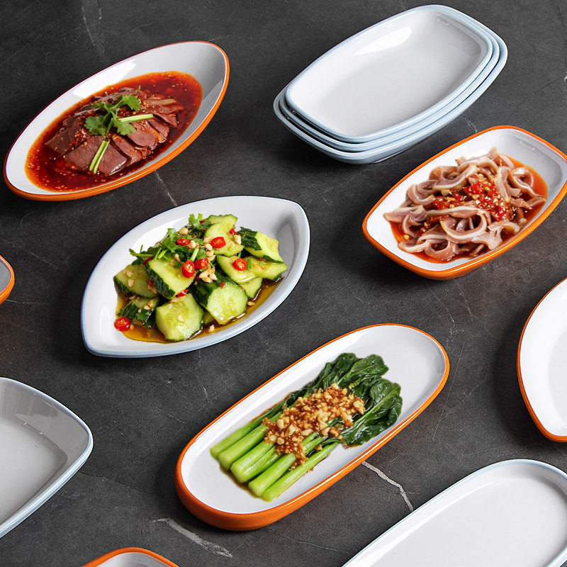 Two-Color Imitation Porcelain Melamine Small Dish Oval Hotel Restaurant Cold Dish Plate Commercial Canteen Selection Plate Plastic Dish