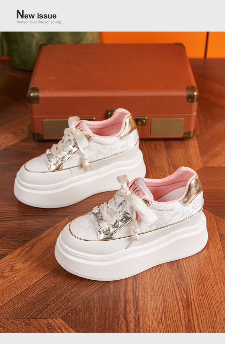 Giày sneaker nữ chunky đế dày phong cách Hàn Quốc, mũi tròn, dây buộc — Hồng vàng, Trắng chi tiết 13