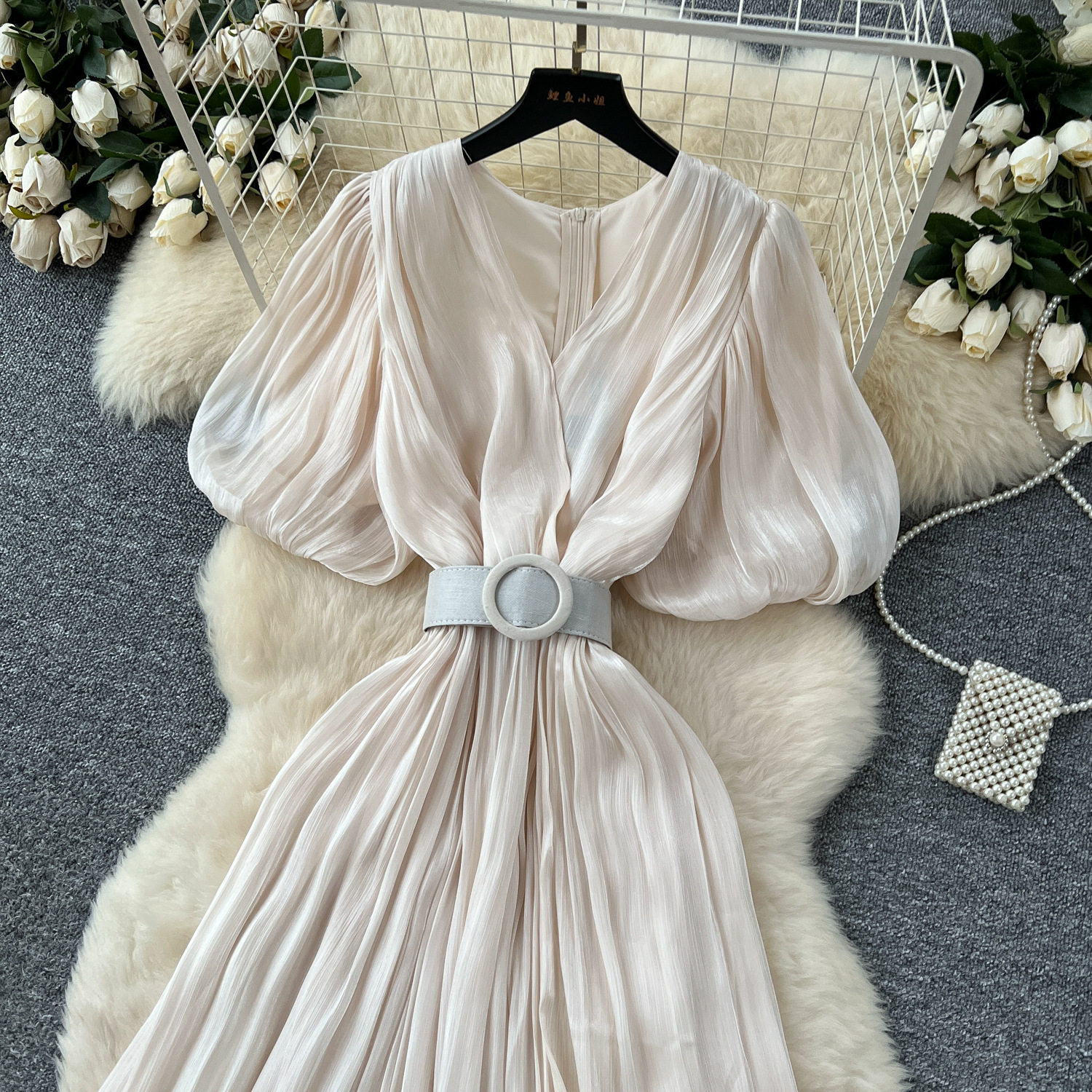 Elegant Puff Sleeve Maxi Dress for Women V Neck High Waist Design Summer Evening Wear