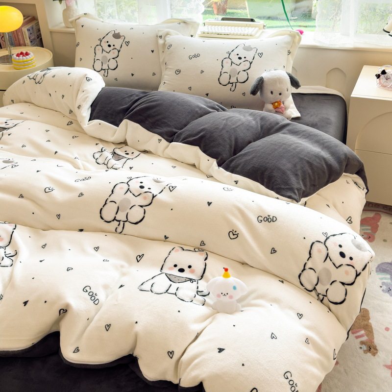 Category a Maternal and Infant Grade Milk Velvet Four-Piece Set Thickeneded and Warm Winter Fleece-Lined Bed Sheetss and Quilt Cover Student Three-Piece Set