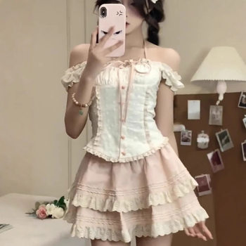 Pure Desire Style Lively and Playful suit Women's Summer Sweet Tight Waist Hanging Neck Shoulder Top Cake Skirt Two-piece Set
