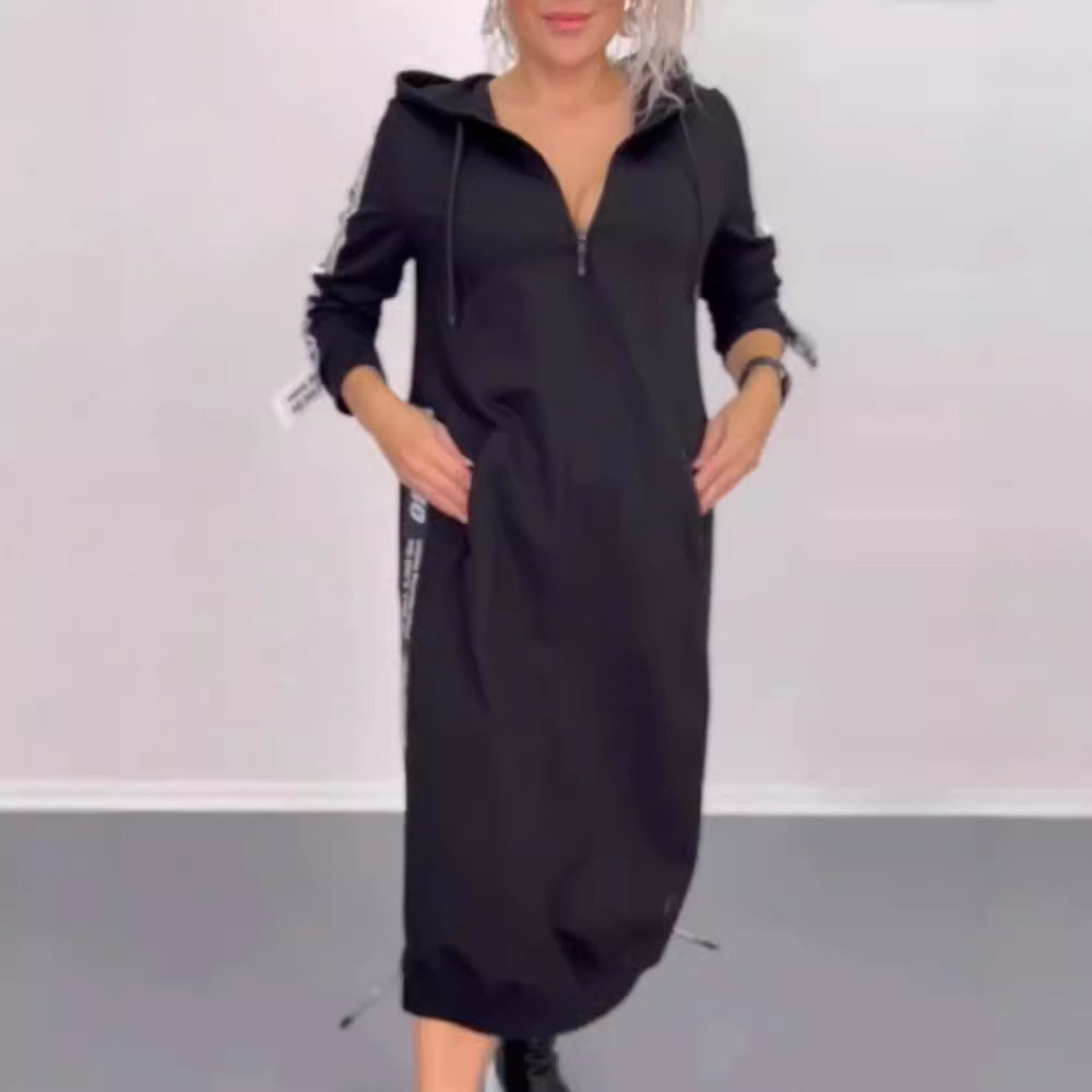 Hooded Long Sleeve Dress Letter Print Split Design Trendy Style Autumn Winter Fashion for Women Wholesale Available