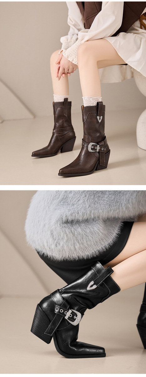 Boot nữ cổ thấp da bò gót xuồng mũi nhọn khóa thắt lưng — Lớp lót đơn màu đen, Lớp lót đơn màu nâu, Lót nhung đen, Lót nhung màu nâu