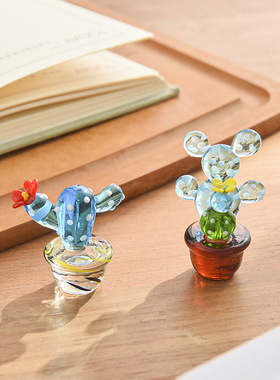淄博博山琉璃小摆件工艺品仙人掌玻璃水晶车载装饰品桌面家居盆栽