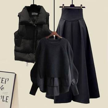 Autumn and Winter Outfits for Women 2025 New Large Size Loose Fake Two-Piece Sweater Versatile Vest Slimming Look Skirt Three-Piece Set