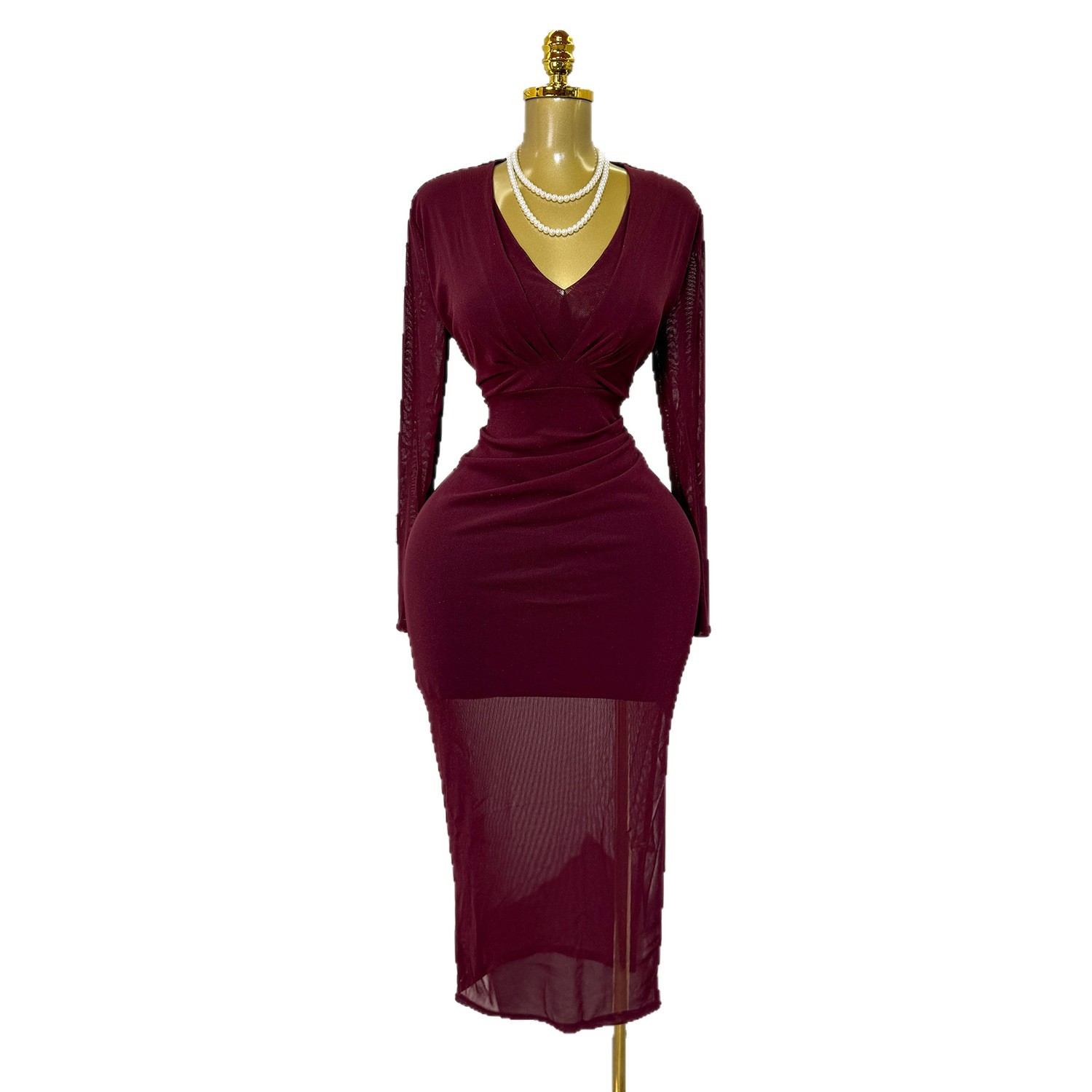 V Neck Bodycon Dress Elastic Mesh Fabric Solid Color Mid Length Spring Fall Fashion Wholesale Available