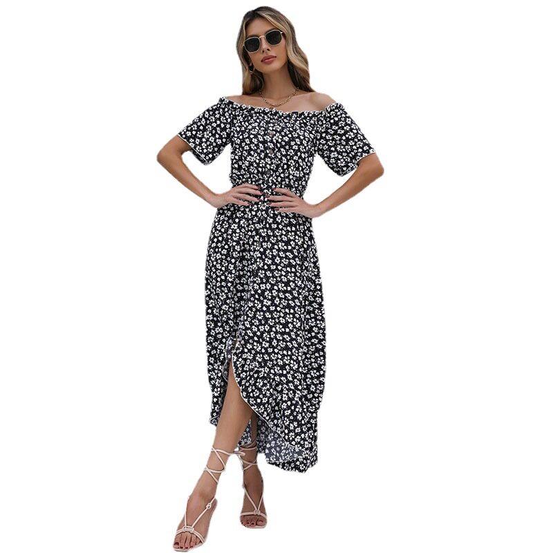 Vintage Floral Print Asymmetrical Off Shoulder Dress Short Sleeve Sweet Style Summer Wear Wholesale Available