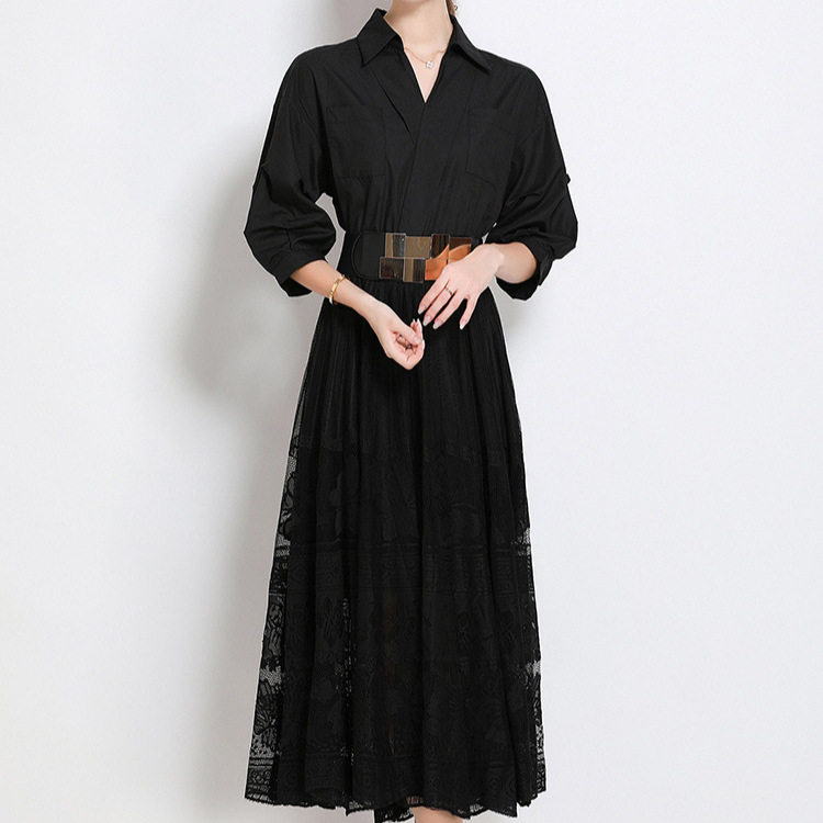 Elegant V Neck Lace Trimmed A Line Dress for Women Three Quarter Sleeves Princess Style Perfect for Formal Occasions
