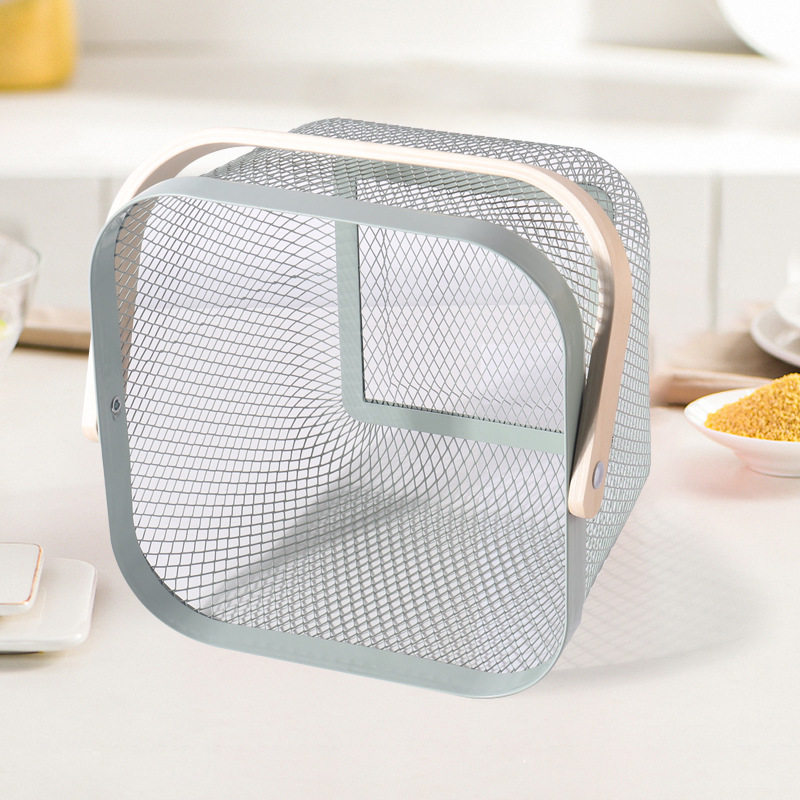 Factory Direct Sales Nordic Iron Cut Out Storage Basket Wooden Handle Satchel Fruit Basket Household Storage Vegetable Drain Basket