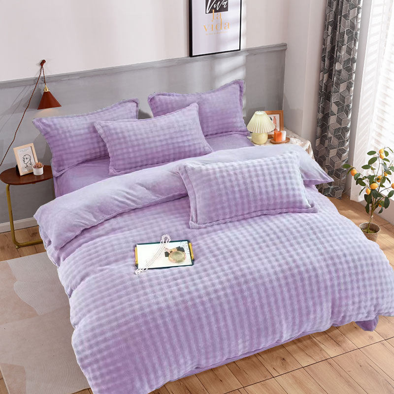 Winter Bubble Milk Velvet Four-piece Set fleece-lined Quilt Cover Bed Sheet Pillowcase Single Double Thickened Plush Quilt Cover Three-piece Set