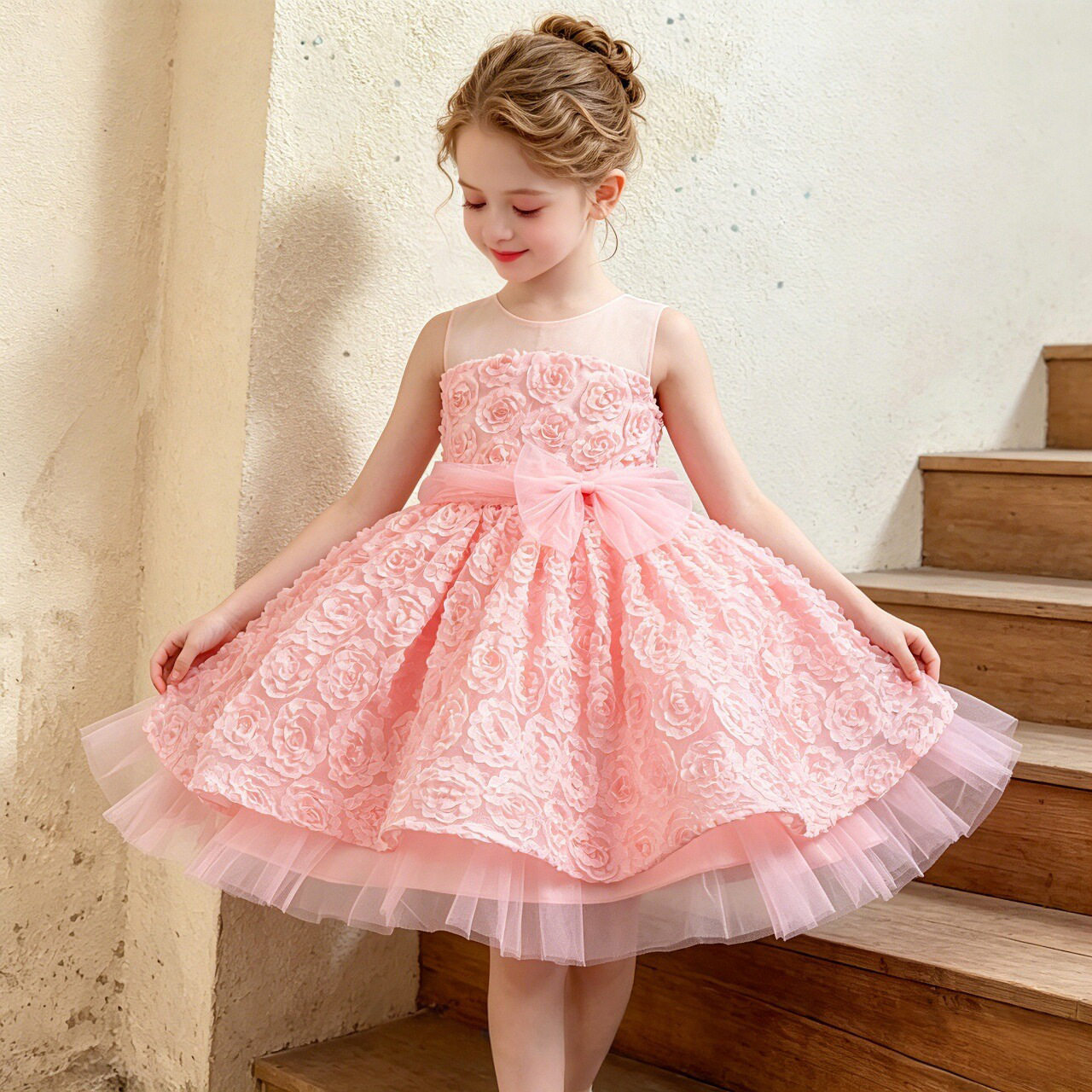 Girls Puffy Princess Dress Sleeveless Cute Flower Dress Catwalk Piano Performance Christmas Performance