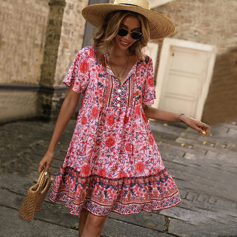 Bohemian Floral Print Maxi Dress V Neck Loose Fit Plus Size Casual Vacation Wear Wholesale Available