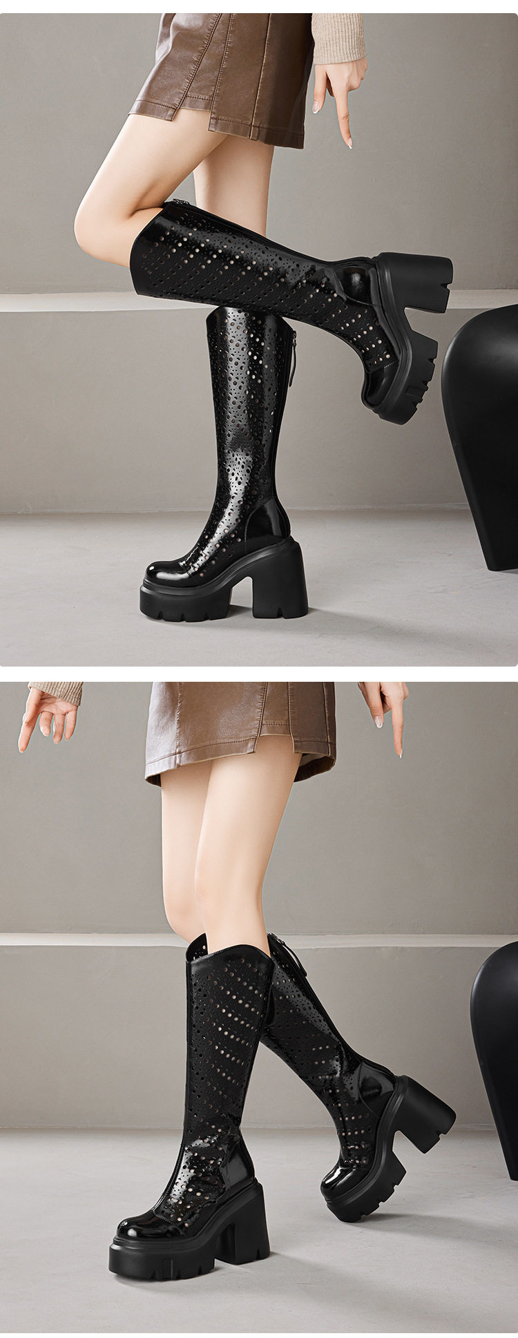 Boot nữ cổ thấp da láng thoáng khí gót cao 8 cm — [Màu hồng đào], [Màu đen] chi tiết 6