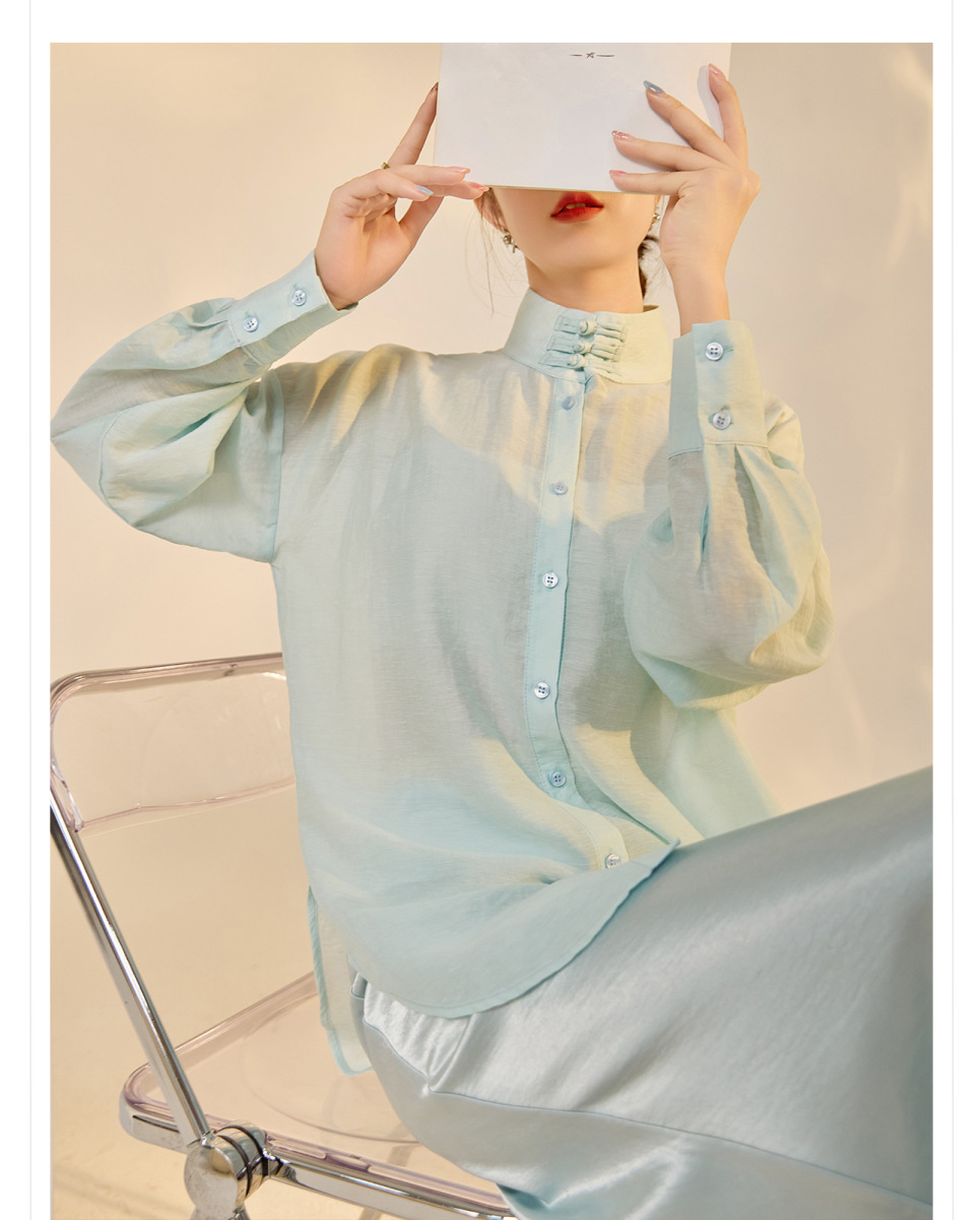 Set áo sơ mi dài tay cổ đứng cài nút phối chân váy midi màu trơn — Váy xanh Jiyue (giao hàng trong 7 ngày), Váy xanh Jiyue (phát hành cùng ngày), Áo sơ mi cài nút (giao hàng trong 7 ngày)