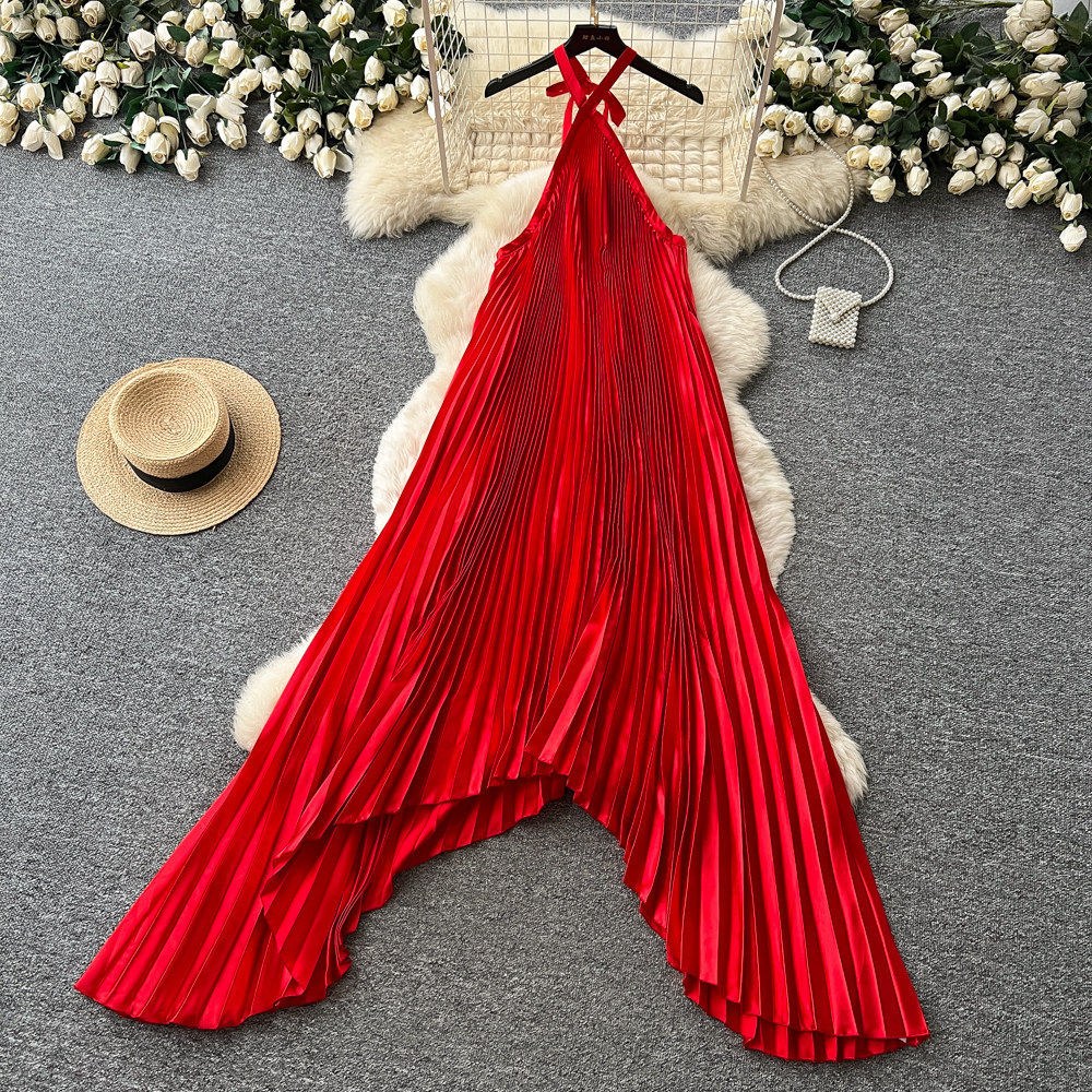 Red Halter Neck Irregular Dress High Waist Pleated Sleeveless A Line Vacation Style Wholesale Available