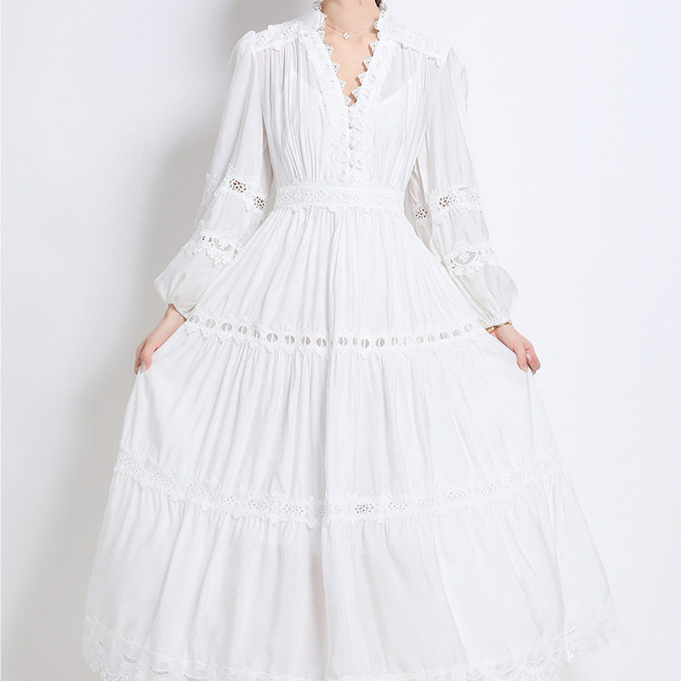 French Court Style Puff Sleeve Dress Hollow Out Lace Cross Neck Design Elegant Long Dress for Autumn Wholesale