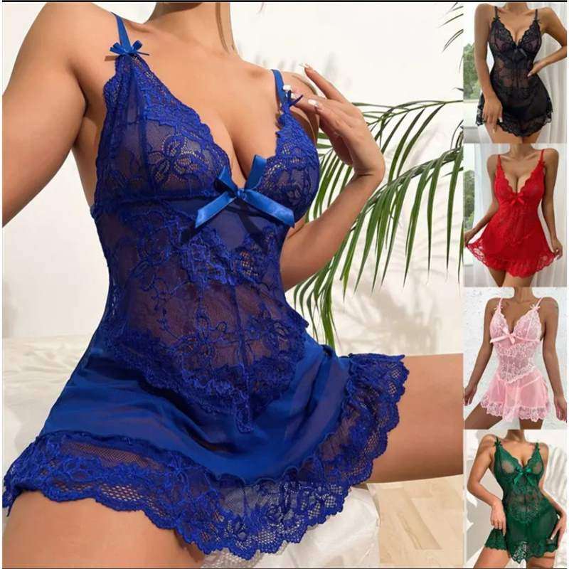 European and American Export Cross-Border Large Size 2024 New Women's Sexy Intimates See-Through Sexy Lace Temptation Pajamas Set