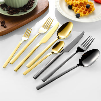 Square Handle Stainless Steel Western Food Knife, Fork and Spoon Set Hotel Home Steak Fork Cross-Border Popular Spoon Dessert Tableware