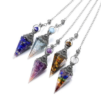 Ancient Silver Crystal Semi-Precious Stone Natural Multicolored Gravel Pendulum Hexagonal Cone Pendant Pendulum Cross-Border Supply