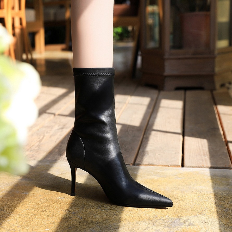 Boot nữ cổ thấp mũi nhọn gót nhọn cao 7.5cm phong cách thanh lịch — Màu đen lót một lớp, Màu đen lót nhung, Màu Kaki lót nhung, Màu Kaki một lớp lót trong