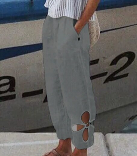 Womens Casual Loose Fit Pants Solid Color Pocket Design Hollow Out Summer Style for Everyday Wear Wholesale