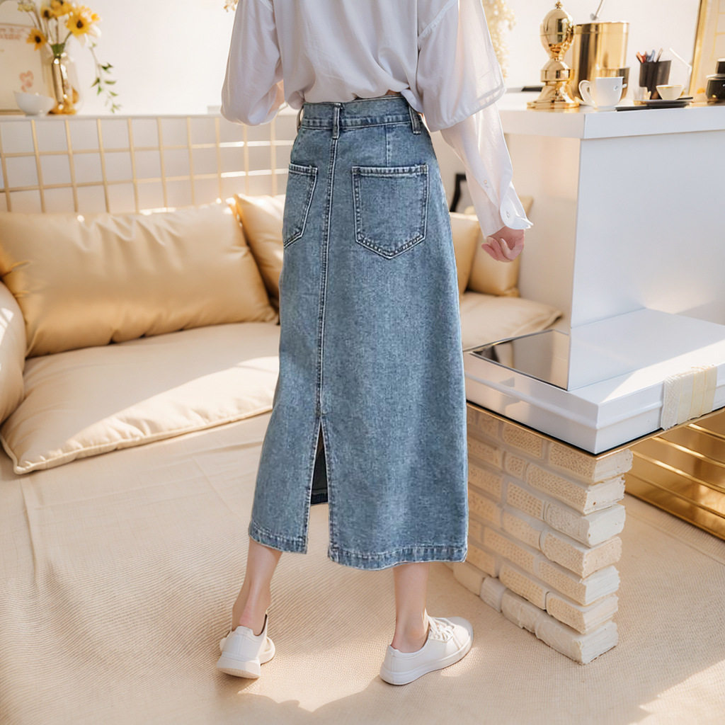 High Waisted A Line Denim Skirt Plus Size Mid Length Split Design Casual Wear for Students Wholesale Available