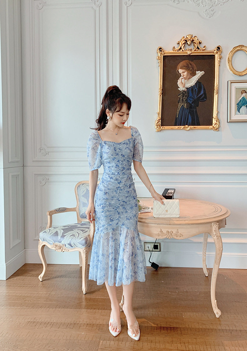 Đầm maxi nữ thắt eo cổ vuông họa tiết hoa tay bồng — [Xanh nhạt] chi tiết 7