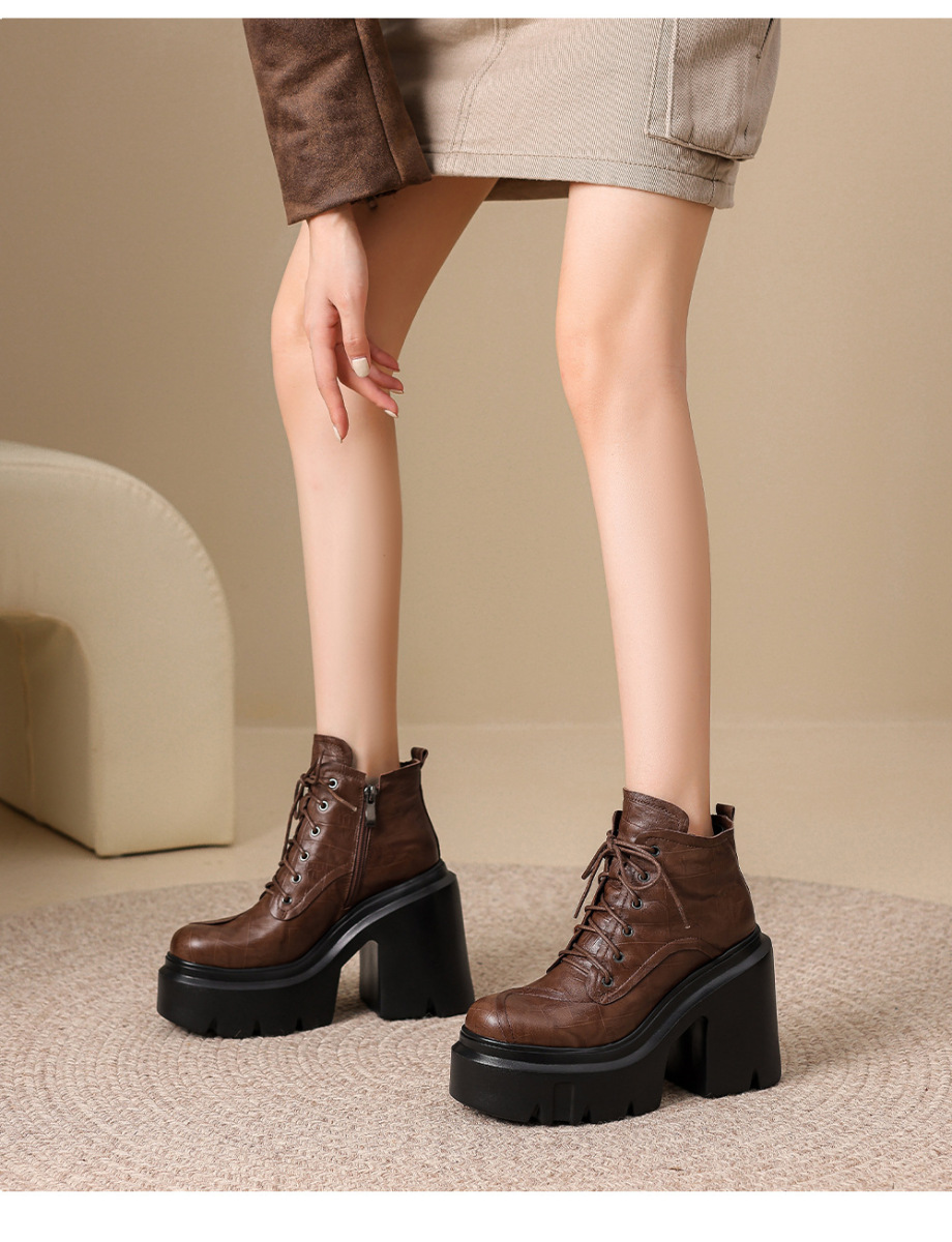 Boot Martin nữ da bò thật tăng chiều cao 12cm gót thô đế dày cổ ngắn — Lớp lót đơn màu đen, Lớp lót đơn màu nâu, Lót nhung đen, Lót nhung màu nâu
