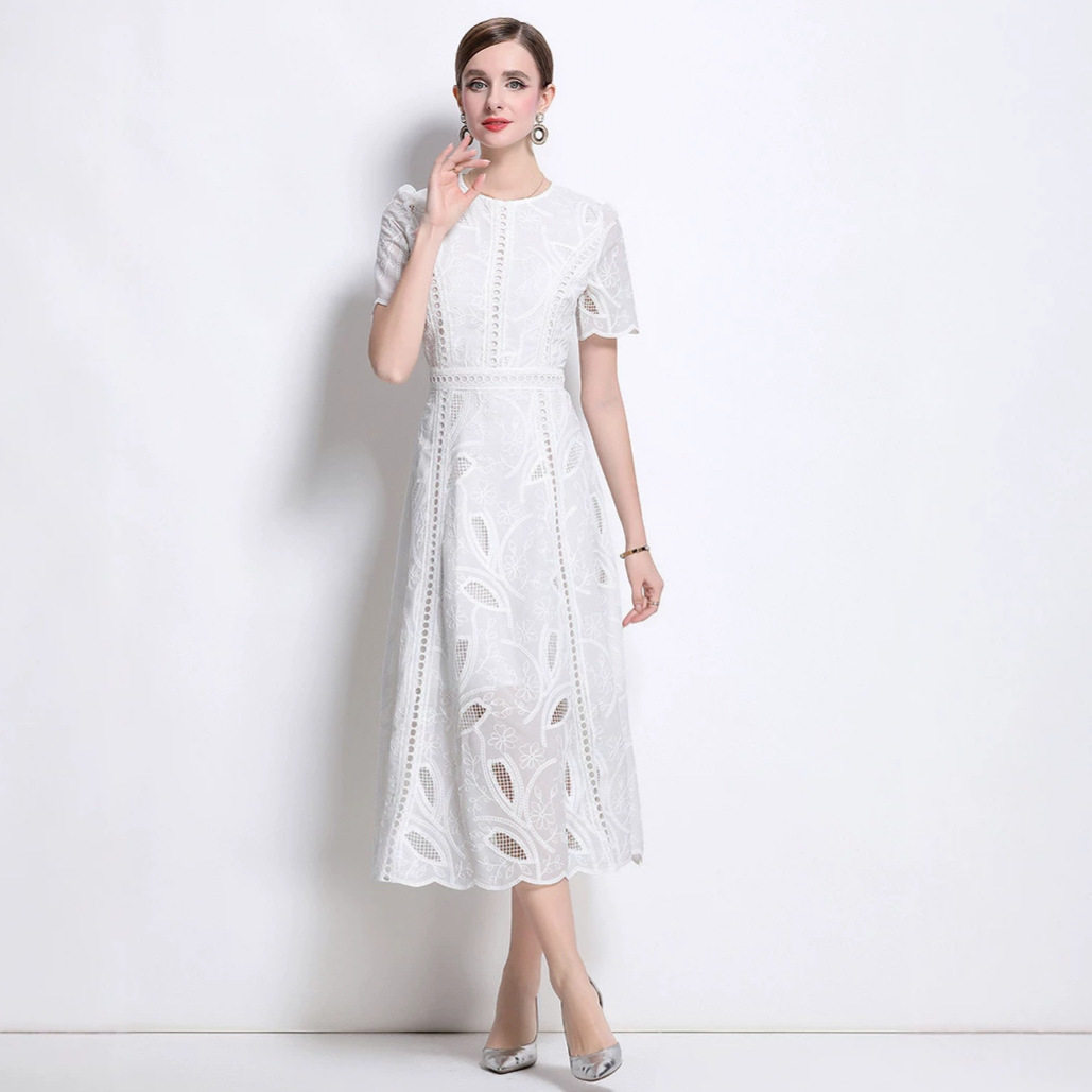 French Style Womens Dress Elegant Hollow Embroidery Waist Defining Slim Fit Summer Long Dress for Special Occasions