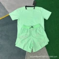 Striped short-sleeved green + striped shorts green