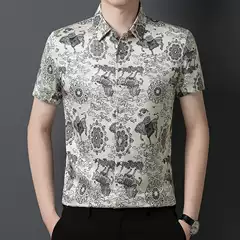 New 2026 Summer Men's Tropical Print Short-Sleeve Shirt Luxury Chinese Style Cooling Breathable Lapel Casual Top for Middle-Aged and Senior Men