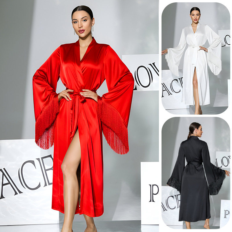 超长睡袍冰丝缎面红色新娘晨袍长袖流苏喇叭袖夏女仿真丝黑色浴袍,淘宝优惠券,粉丝福利购,淘宝优惠卷