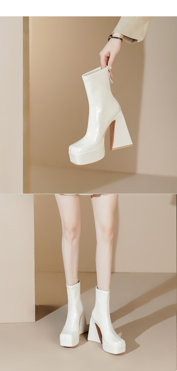 Boot nữ cổ ngắn gót siêu cao 13cm mũi vuông khóa kéo sau — Lớp lót đơn màu đen, Lót đơn màu trắng kem, Lót nhung đen, Lót nhung màu be