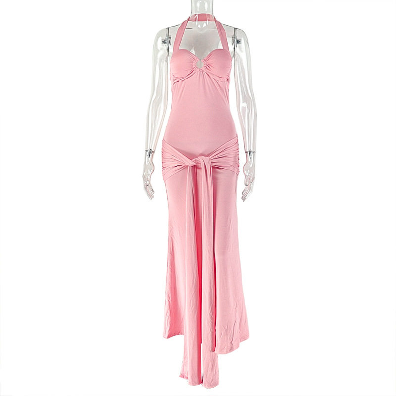 Solid Color Womens Bodycon Midi Dress Backless Halter Neck Ruched Design Elegant Evening Wear OEM Available