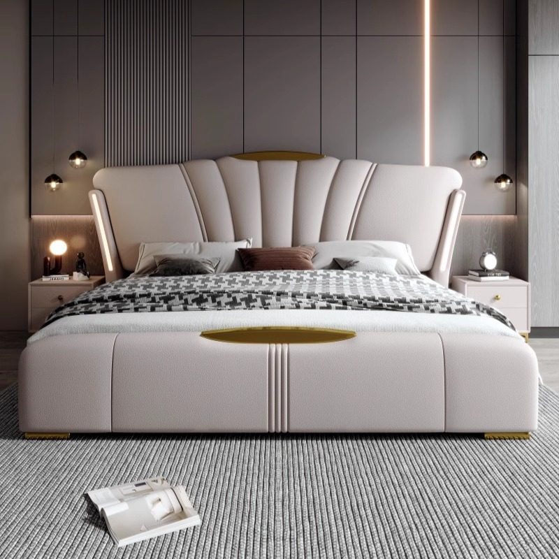 Italian Accessible Luxury Leather Bed with Light Multi-Functional Storage 2m Large Bed Master Bedroom 1.8m Double Bed Modern Simple Wedding Bed
