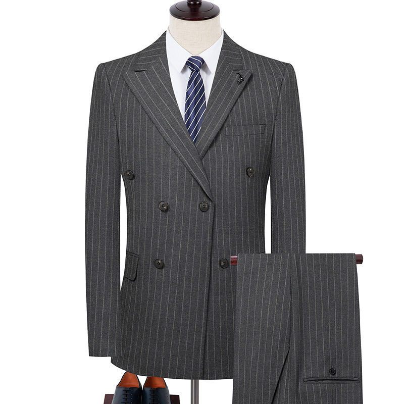 Bộ Vest Nam Kẻ Sọc Dáng Ôm Chống Nhăn Cúc Đôi Màu Xám