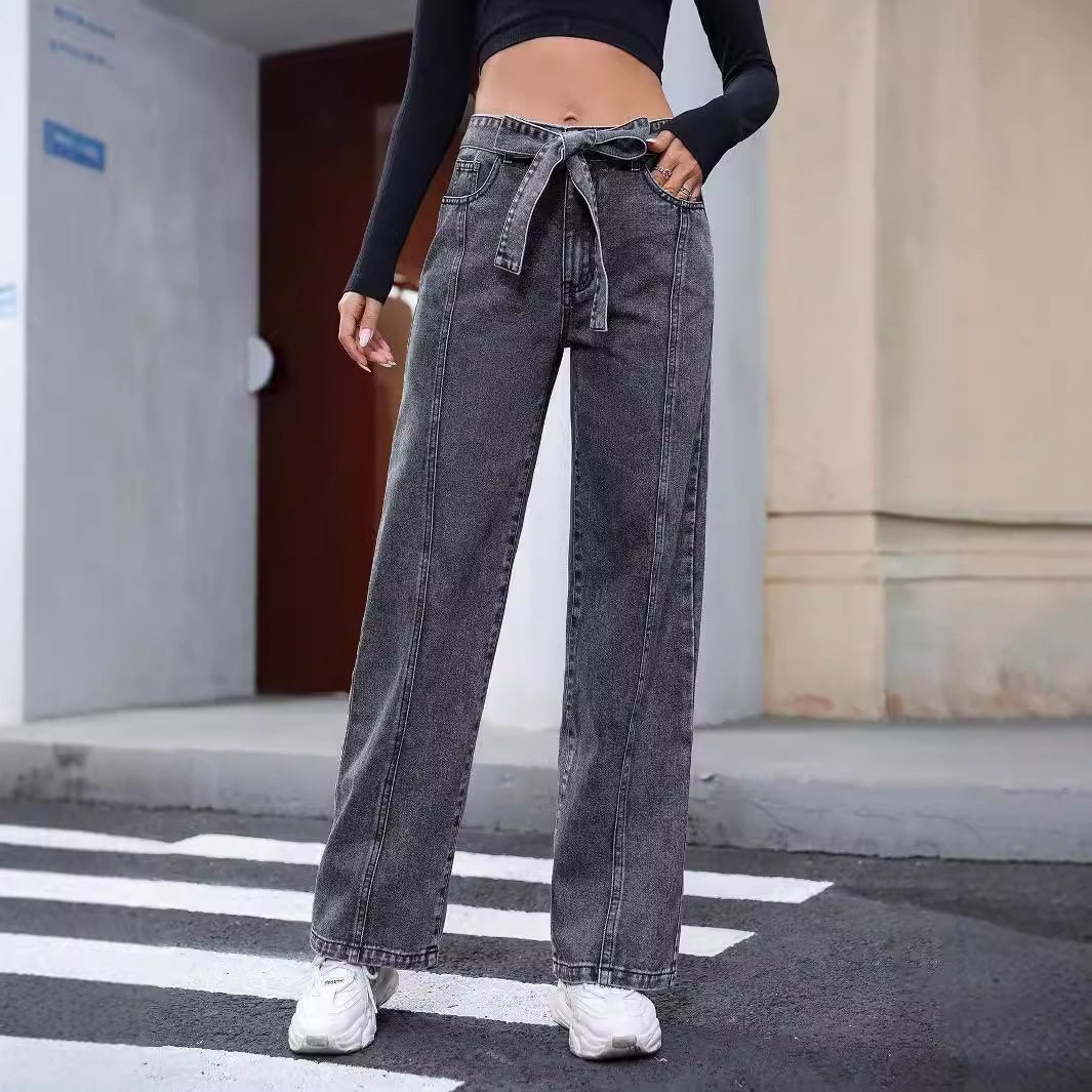 Casual High Waisted Irregular Denim Pants Slim Fit Lace Up Design Trendy Style Perfect for Everyday Wear Wholesale