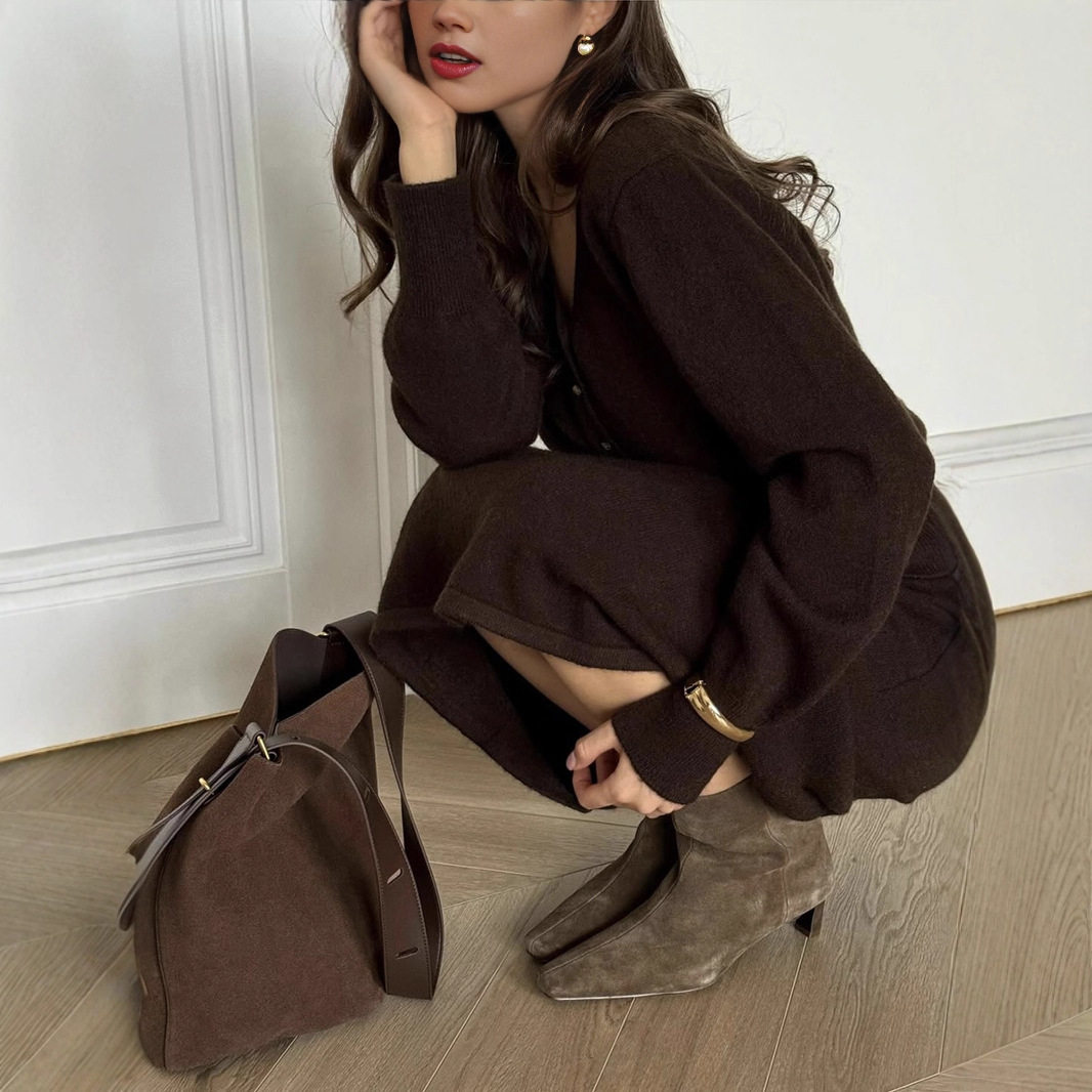 Womens Knitted Set Loose Fit Cardigan with Buttons Straight Skirt Autumn Winter Style Wholesale Available