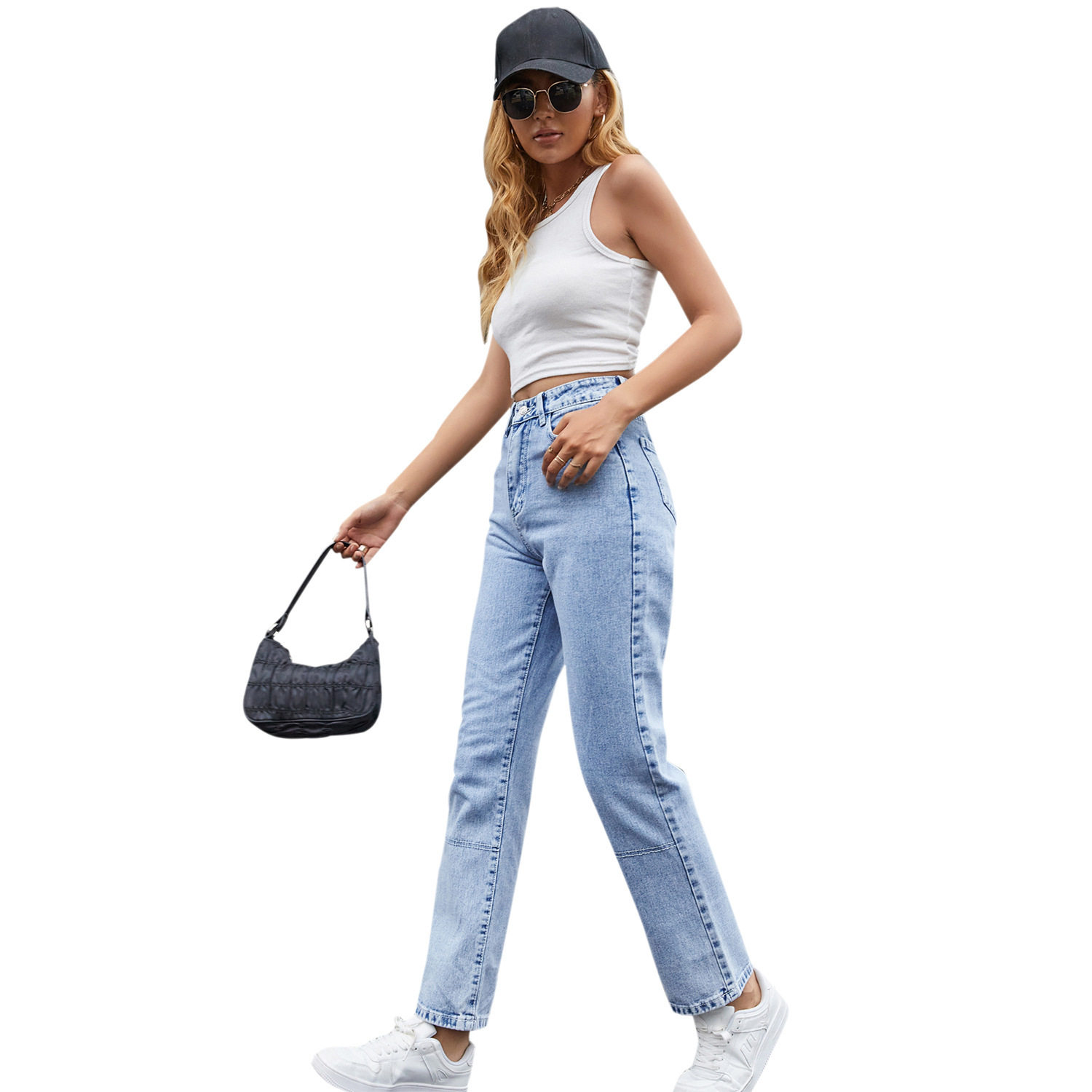 High Waisted Black Denim Straight Leg Pants Fashionable Trendy Comfortable Fall Winter Wear Wholesale Available